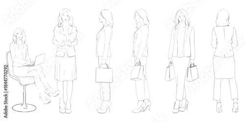 Line art illustration of women in business attire various poses and perspectives