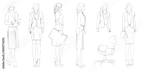 Fashion sketches of women in business attire and office chair design