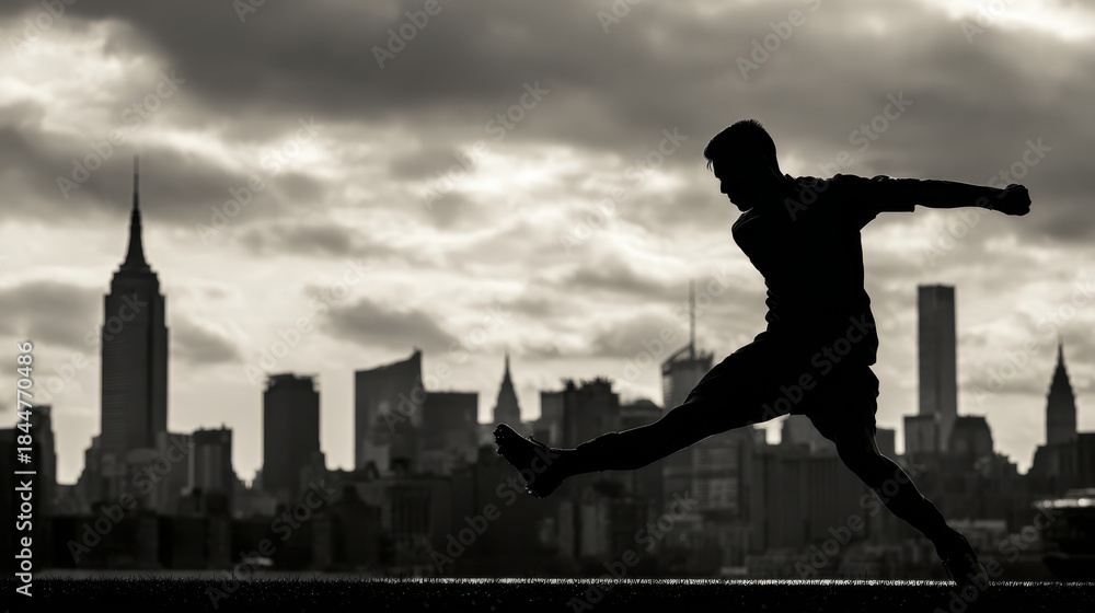 Obraz premium Soccer football player silhouette kicking the ball with the New York City skyline