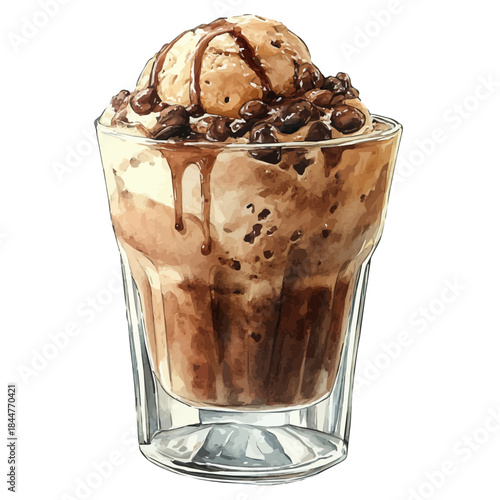 Affogato, watercolor painting capturing graceful lines and soft blended shades, isolated on a white background.