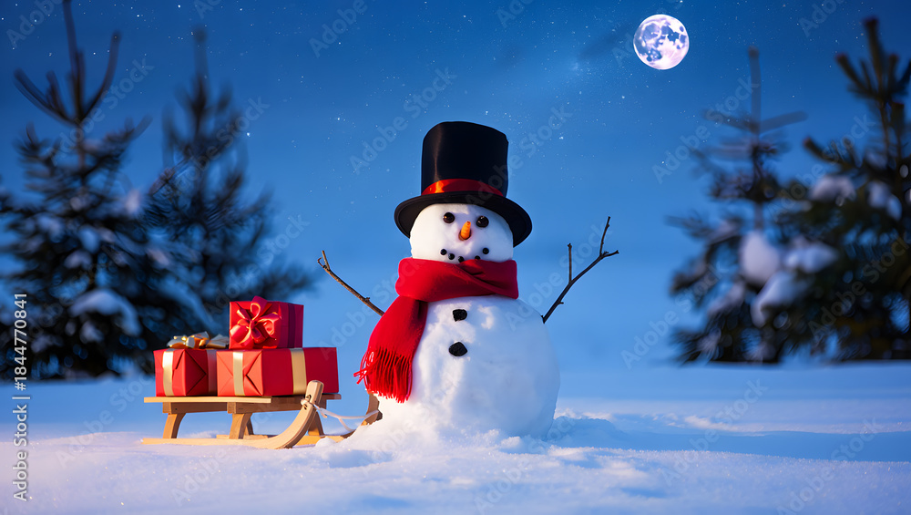 Obraz premium A festive snowman stands guard over christmas presents in a snowy winter night scene