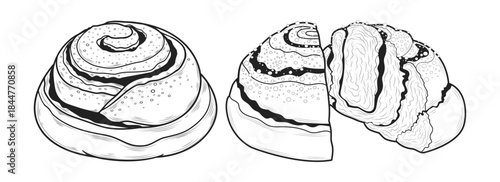 A set of cinnamon rolls in a line art style, doodle, black and white drawing. Traditional Scandinavian dessert.