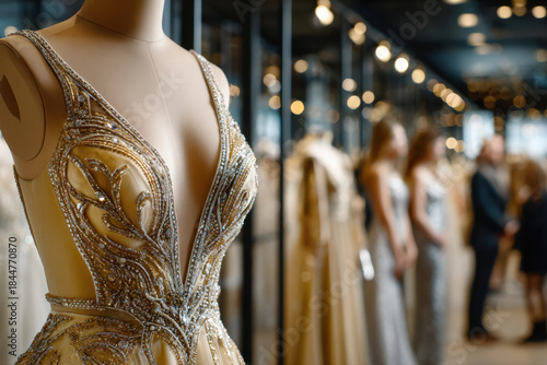 Gold sequined gown on mannequin in bridal shop