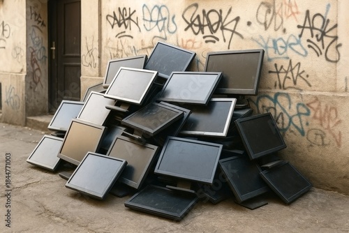 A chaotic pile of discarded black computer monitors in an urban alley, framed by graffiti-filled walls.