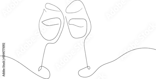 Hand drawn wine clinking glasses one line art, contour continuous drawing.minimalistic black-and-white drawing of two hands clinking wine glasses in a toast