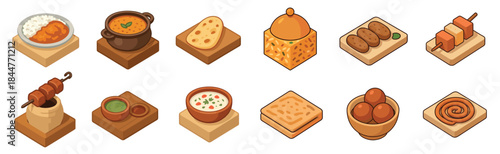 Set of twelve isometric Indian food icons showing popular dishes like curry, dal, kebabs, and sweets, rendered in a simple, colorful, and clean cartoon vector art style