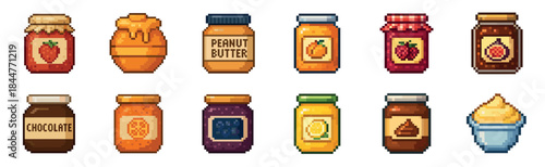 Pixel art collection of colorful jam jars and food spreads in a retro video game style, featuring various fruit preserves, honey, chocolate, and peanut butter for a pantry theme