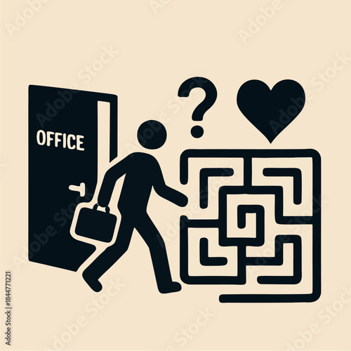 Icon "The Great Resignation / Reflection" - A person leaving an office door towards a labyrinth ending in a question mark and a heart.