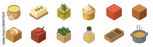 Collection of colorful isometric cooking ingredient icons showing various bouillon cubes, fresh herbs, spices, garlic, butter, oil, and a pot of hot soup in a cartoon vector style