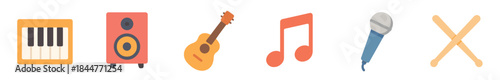 Set of colorful flat music icons including a keyboard, speaker, guitar, musical note, microphone, and drumsticks in a simple minimalist vector illustration style
