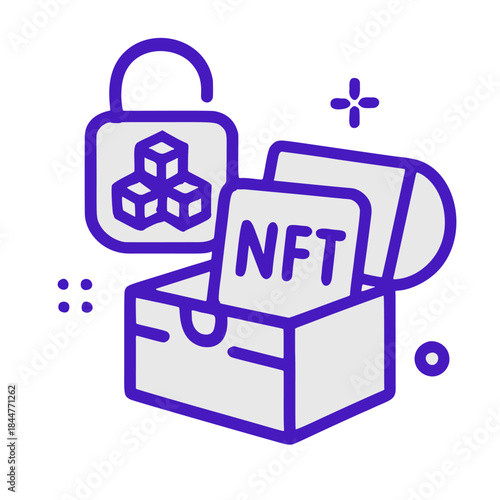 Icon "Web3 / Digital Ownership" - A padlock with a blockchain logo opening a treasure chest containing an NFT (abstract shape).