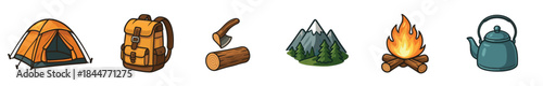 Set of colorful cartoon camping icons for outdoor adventure and hiking themes, featuring a tent, backpack, axe, log, mountain, campfire, and kettle in a simple illustrated style