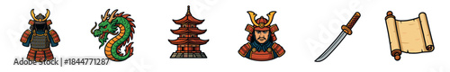 Set of six colorful cartoon icons depicting a samurai warrior, mythical dragon, pagoda, katana sword, and scroll in a traditional feudal Asian style
