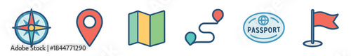 Set of colorful travel and navigation icons including a compass, map pin, route, and passport symbol for tourism and journey concepts in a simple flat line art style