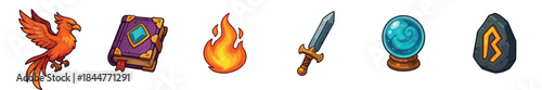 Set of six fantasy role-playing icons featuring a mythical phoenix, a magic book, a flame, a sword, a crystal ball, and a glowing rune stone in a detailed cartoon style