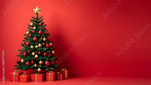 A festive christmas tree decorated with ornaments and gifts on a vibrant red backdrop