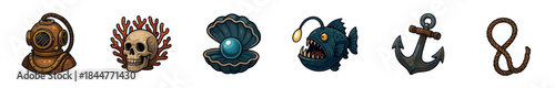 Set of six nautical adventure icons featuring a vintage diving helmet, skull with coral, pearl in a shell, anglerfish, anchor, and rope in a cartoon illustration style