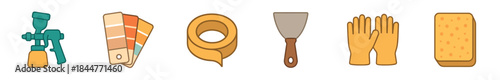 Set of colorful painting tool icons including a sprayer, color swatches, tape, scraper, gloves, and sponge, presented as a flat design collection for home improvement concepts