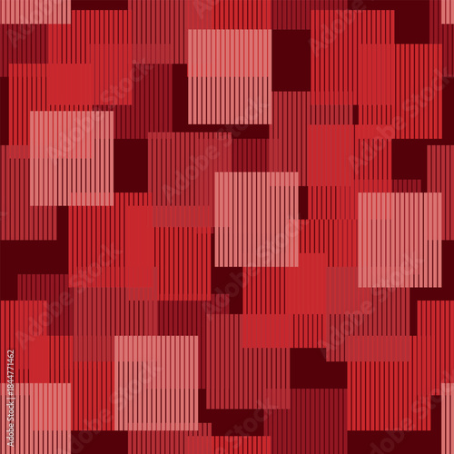 Seamless abstract geometric pattern. Mosaic texture of squares colored in varying tones of red. Squares filled with uniform hatching. Textile harmony. Abstract vector background.