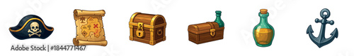 Colorful set of pirate adventure icons including a skull and crossbones hat, an old treasure map, a locked wooden chest, a glass bottle, and a ship's anchor for a fantasy quest