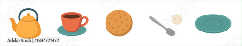 Set of tea time vector icons including a yellow teapot, an orange cup with a hot drink, a biscuit, a spoon, a sugar cube, and a teal plate arranged in a neat row