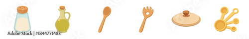 Set of cartoon kitchen utensils and ingredients including a salt shaker, oil bottle, wooden spoon, fork, pot lid, and measuring spoons in a simple, flat illustration style