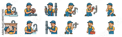 Set of cartoon plumber character illustrations showing a tradesman at work fixing sinks, repairing leaky pipes with a wrench, turning valves, and carrying a toolbox