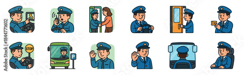 Bus driver character icon set showing a friendly man in uniform driving, communicating, helping passengers, and performing various professional public transport duties