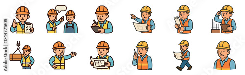 Set of construction worker cartoon characters in various professional poses, including inspecting blueprints, communicating with a walkie-talkie, and supervising a building site