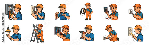 Cartoon electrician character set illustration shows a professional worker performing various maintenance, repair, and installation tasks with different tools and equipment