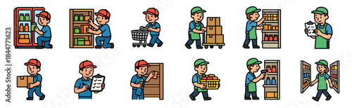 Set of cartoon worker characters performing various supermarket and warehouse tasks, including stocking shelves, moving boxes with a dolly, and checking inventory
