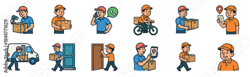 Set of delivery man character illustrations showing various courier activities like scanning parcels, riding a bicycle, driving a van, and making a home delivery to a door