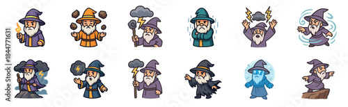 Set of cartoon wizard characters with white beards casting various magic spells like lightning, wind, and earth in different poses and emotional expressions for a fantasy game