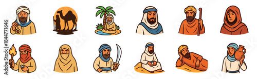 Collection of cartoon desert character illustrations featuring people in traditional clothing with a camel, oasis, sword, and torch in a simple, flat icon set