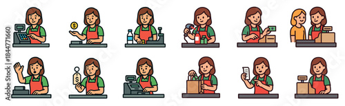 Collection of female cashier character icons showing various work activities like scanning products, accepting payment, and packing groceries in a friendly cartoon style illustration set