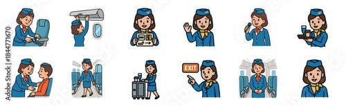 Collection of cartoon flight attendant illustrations showing a friendly female cabin crew member in a blue uniform performing various duties like serving drinks and assisting passengers