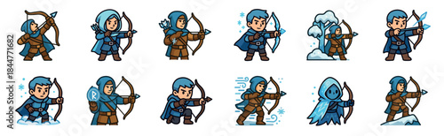 Large set of twelve fantasy archer character sprites in a cute cartoon style, showing winter warriors and hunters aiming their bows with ice and wind effects