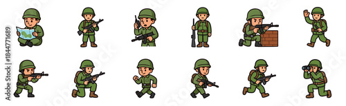 Cartoon soldier character set in various poses for a 2D video game, showing actions like running, aiming a rifle, reading a map, and using binoculars in a flat illustration style