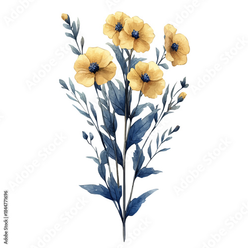 Achillea Branch, watercolor vector portraying a joyful pose with colorful highlights, isolated on a white background.