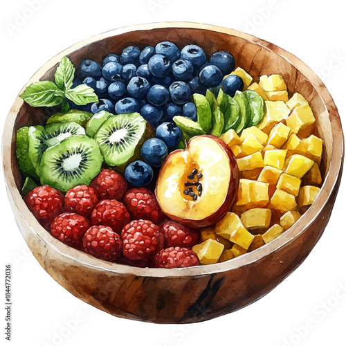 Acai Bowl, watercolor painting capturing graceful lines and soft blended shades, isolated on a white background.