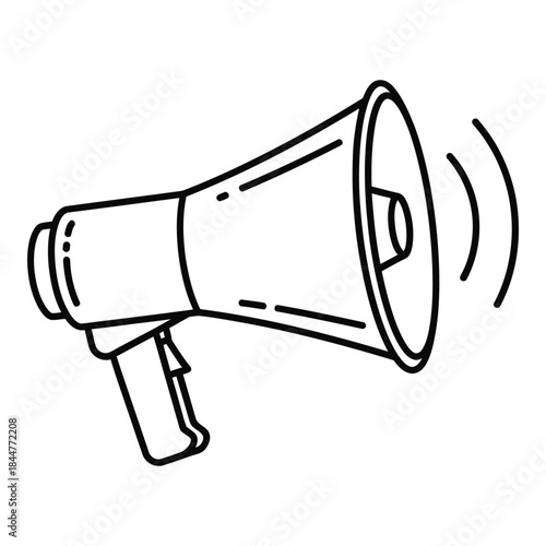 Simple black and white line art icon depicting a megaphone broadcasting sound waves for announcements
