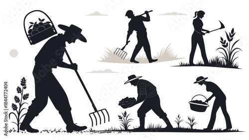 silhouette of a man, vector illustration of a man with a shovel, Farmers Working in the Field