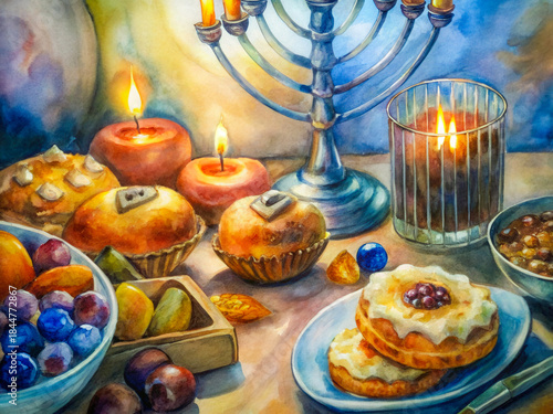 a painting of a table with a candle and some fruit