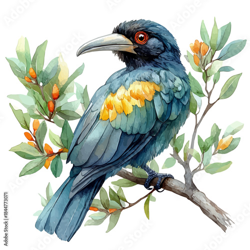 Abyssinian Ground Hornbill, watercolor illustration featuring playful movement and lively expressions, isolated on a white background.