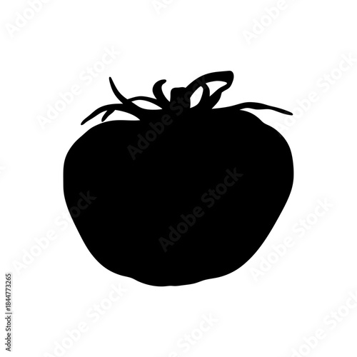 Black silhouette illustration of a ripe and fresh tomato with stem on a white background