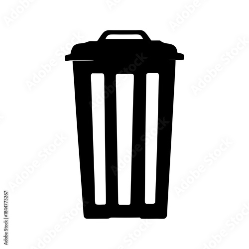A simple and minimalist black silhouette icon of a trash can, often used for waste disposal and deletion functions