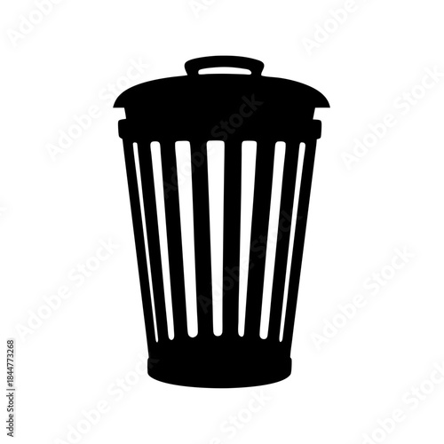 A black silhouette illustration of a trash can on a plain white background
