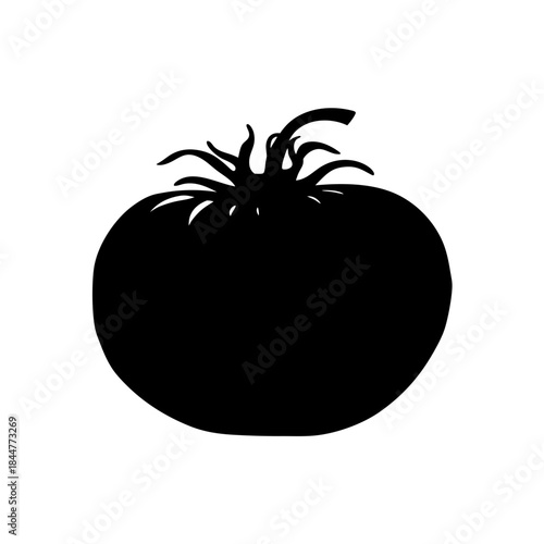 Simple black and white silhouette of a single fresh tomato on a white background