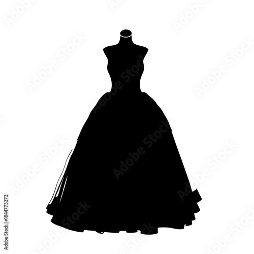Black silhouette of an elegant ball gown displayed on a dress form against a white background