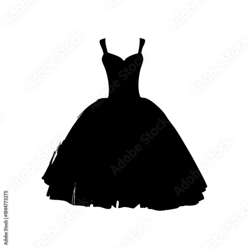 Black silhouette of a formal gown with voluminous skirt and sweetheart neckline